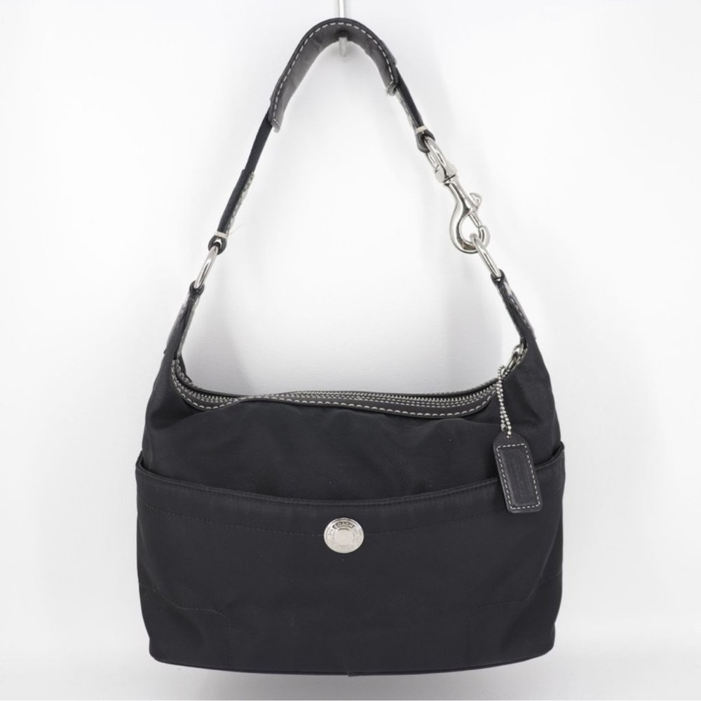 Coach Small Hampton Black Nylon
Leather Trim Blue Lining Hobo Shoulder Purse Bag